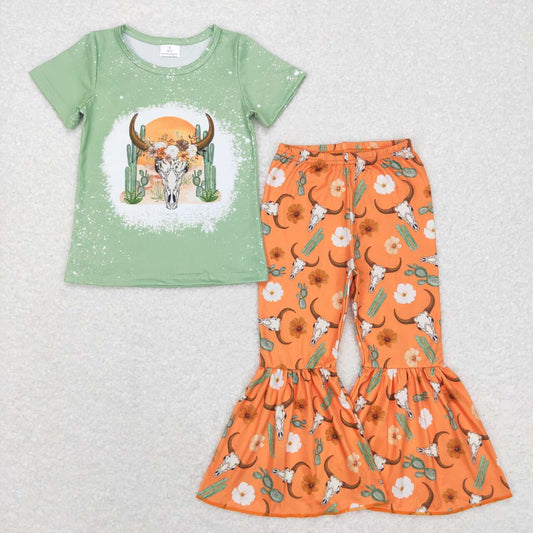 GSPO0990 Green orange cow Girls Short Sleeve Bell Bottom Pants Outfits