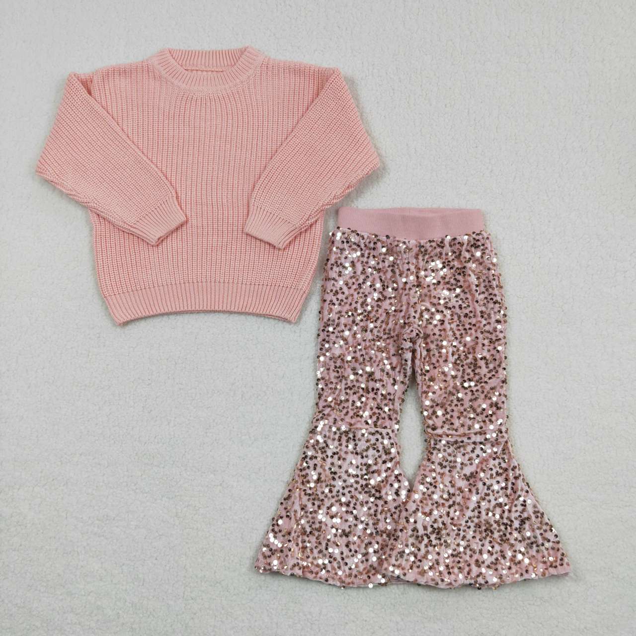 2pcs Pink Sweater Sequin Girls Short Sleeve Bell Bottom Pants Outfits