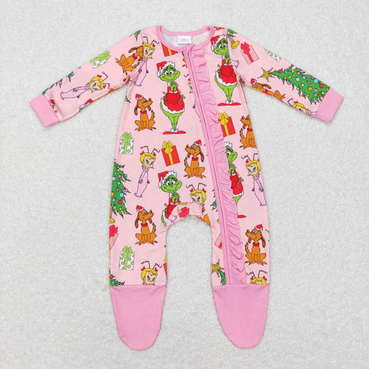 LR0806 Christmas Green cartoon Pink Zipper Girls Long Sleeve Romper