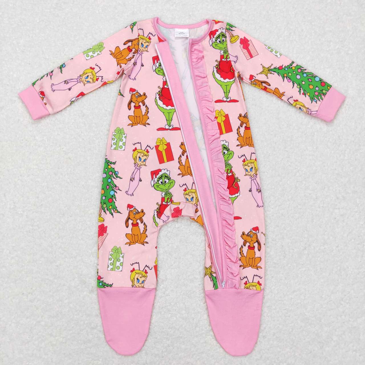 LR0806 Christmas Green cartoon Pink Zipper Girls Long Sleeve Romper
