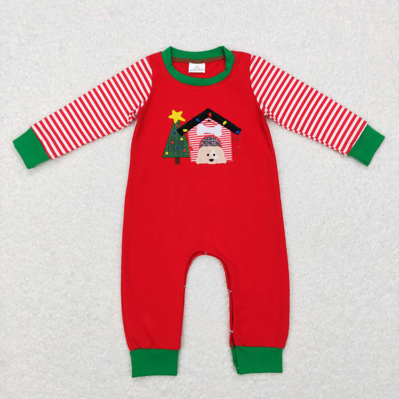 LR0659 Christmas Dog Tree Red Embroidery Boys Long Sleeve Romper