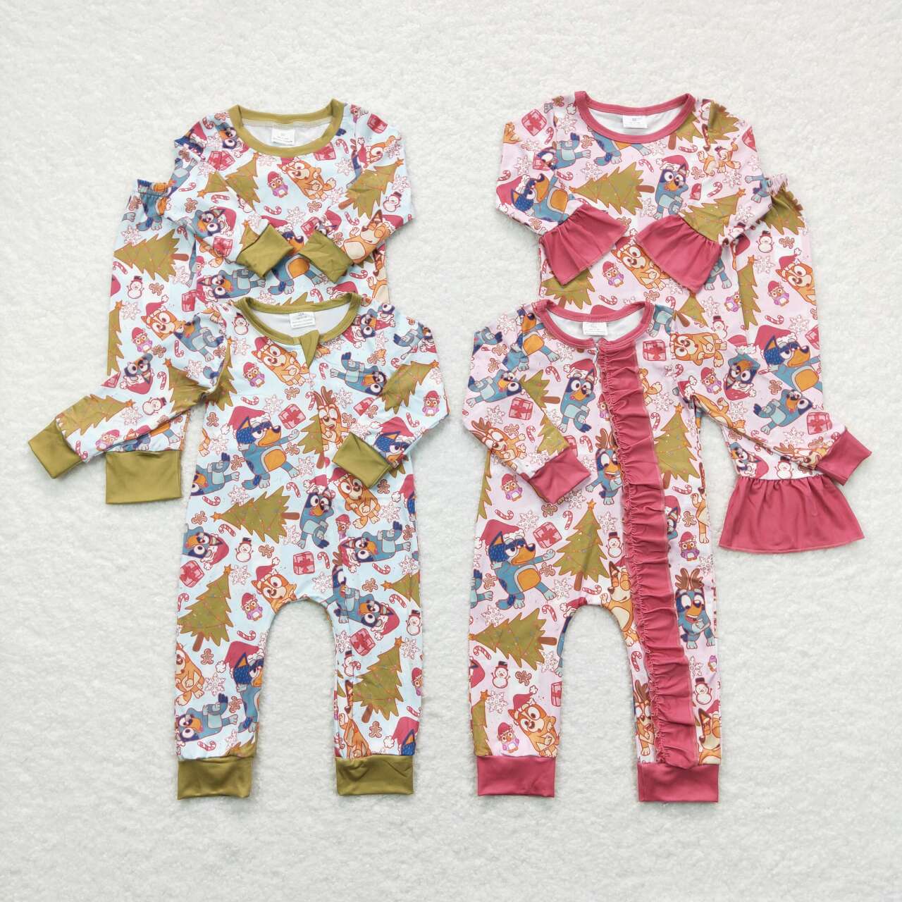 BLP0258 Christmas Pink Blue Dog Cartoon Boys Long Sleeve Pants Outfits Pajamas
