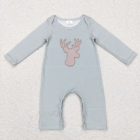 LR0694 Christmas Deer Embroidery Boys Long Sleeve Romper