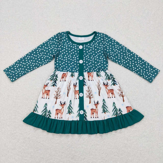 GLD0429 Christmas Green Tree Deer Girls Long Sleeve Dresses