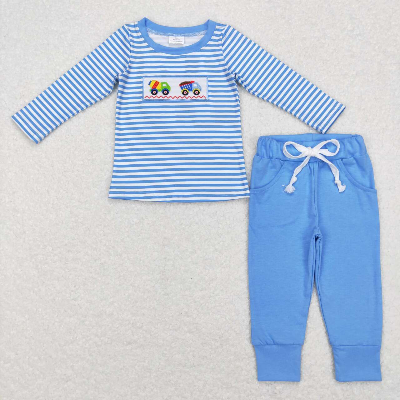 BLP0393 Blue Truck Car Embroidery Girls Long Sleeve Pants Outfits