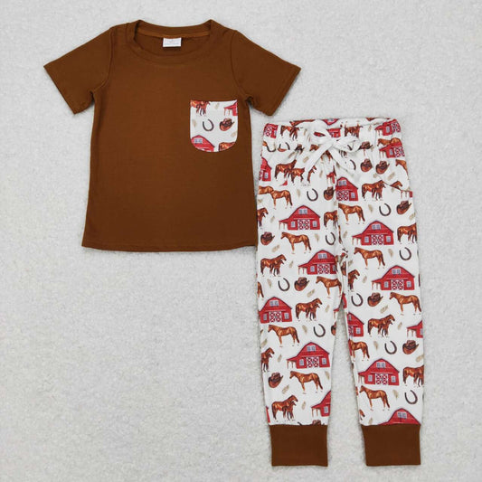 BSPO0207 Brown Red farm horse Pocket Boys Short Sleeve Bell Bottom Pants Outfits