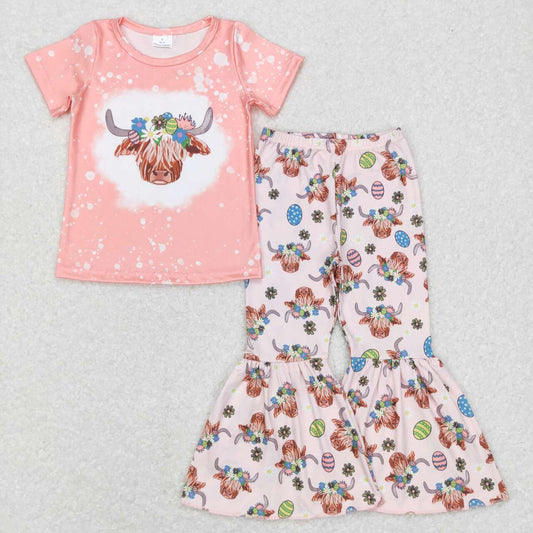 GSPO1055 Easter Egg Pink highland cow Girls Short Sleeve Bell Bottom Pants Outfits