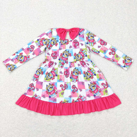 GLD0477 Pink Blue Dog B Cartoon Girls Long Sleeve Dresses