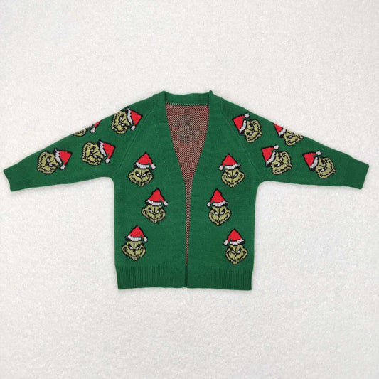 GT0371 Christmas Red Green cartoon Print Girls Long Sleeve Cardigan Sweater