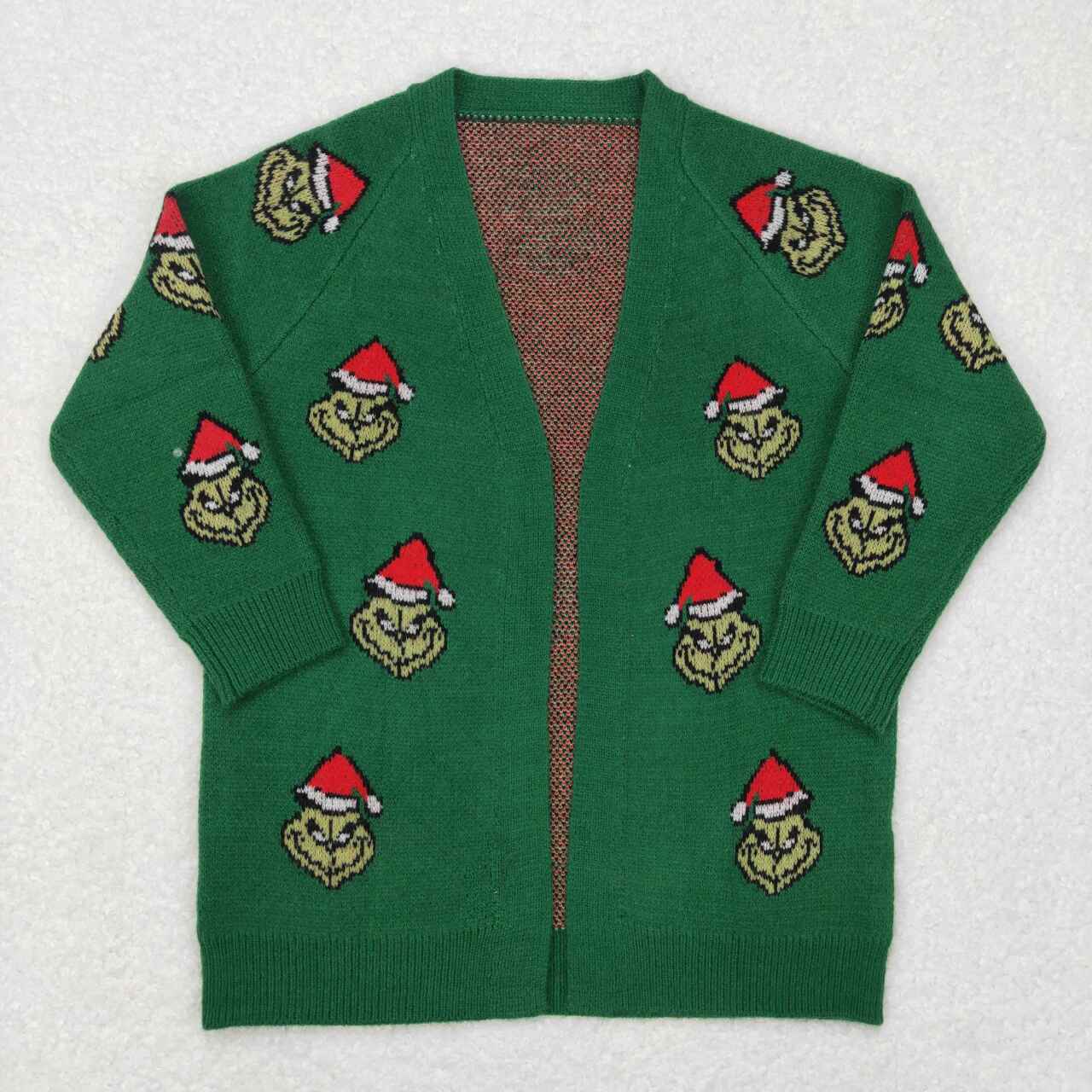 GT0371 Christmas Red Green cartoon Print Girls Long Sleeve Cardigan Sweater