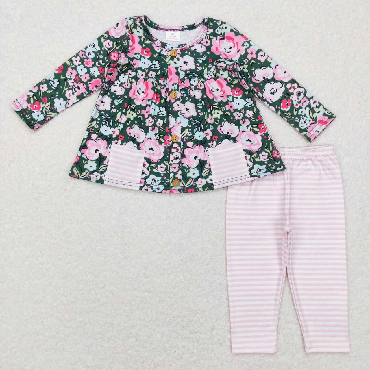 GLP0994 Pink Floral Pockets Girls Long Sleeve Pants Outfits