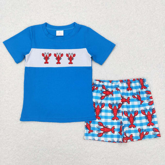 BSSO0280 Blue Red Crawfish Embroidery Boys Short Sleeve Shorts Outfits