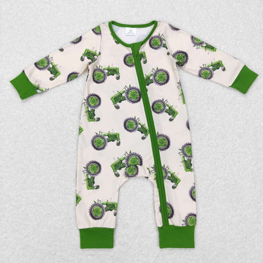 LR0717 green truck farm Zipper Girls Long Sleeve Romper