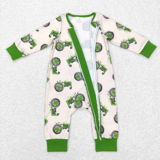 LR0717 green truck farm Zipper Girls Long Sleeve Romper