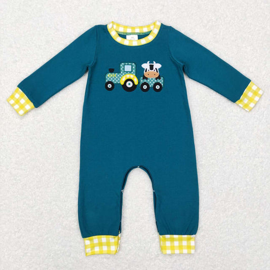 LR0377 Blue Farm Cow Yellow Embroidery Boys Long Sleeve Romper