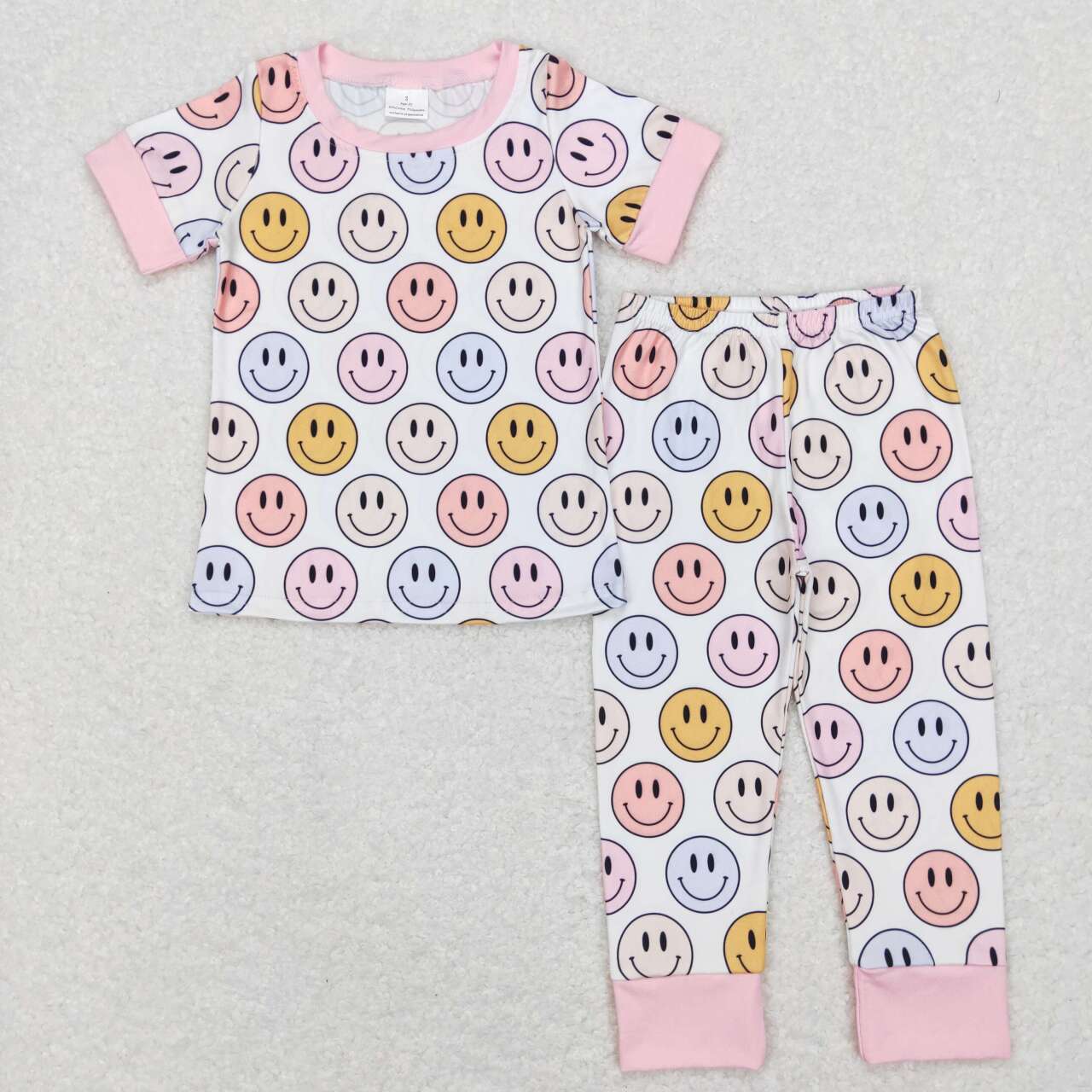 GSPO1078 Pink Smile cartoon Girls Short Sleeve Bell Bottom Pants Outfits pajamas
