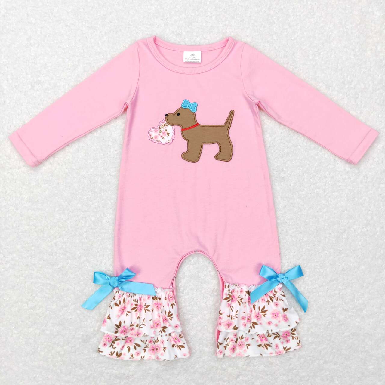 LR0789 valentine love Pink dog Embroidery Girls Long Sleeve Romper