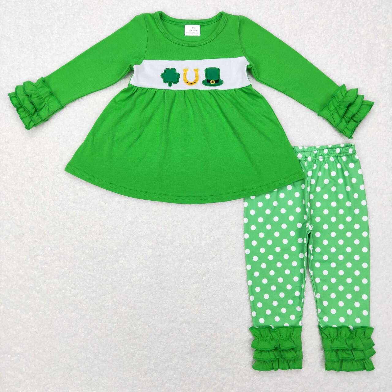 GLP0851 St. Patrick Green Clover Embroidery Tunic Girls Long Sleeve Bell Bottom Pants Outfits
