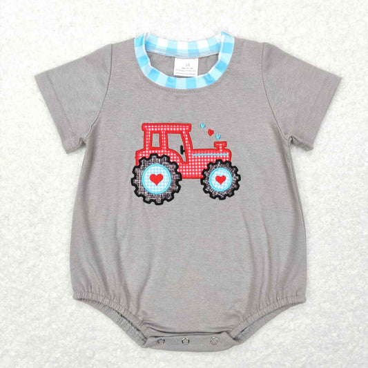 SR0488 valentine love red farm truck  Embroidery Girls Short Sleeve Romper