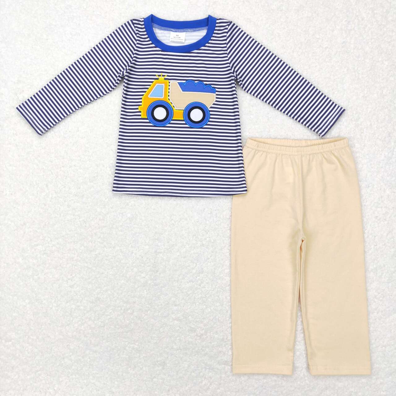 BLP0400 blue yellow Truck Embroidery Girls Long Sleeve Pants Outfits