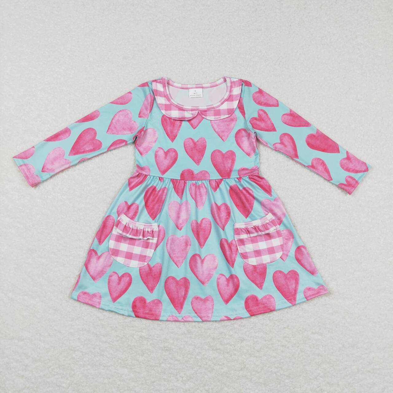 GLD0455 Valentine Pink Love Pockets Girls Long Sleeve Dresses