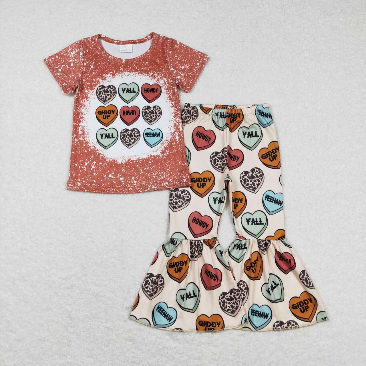 GSPO0900 Valentine love howdy Girls Short Sleeve Bell Bottom Pants Outfits