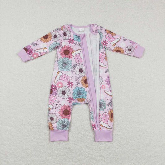 LR0801 Pink Boots cowboy Floral Zipper Girls Long Sleeve Romper