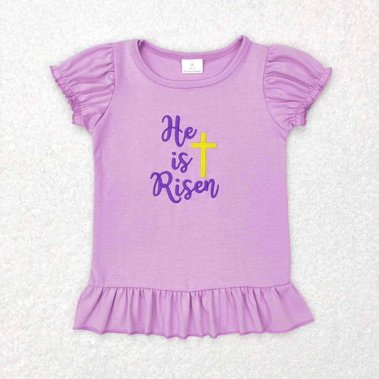 GT0393 Easter Purple Cross He is risen Embroidery Girls Short Sleeve Top T-shirts