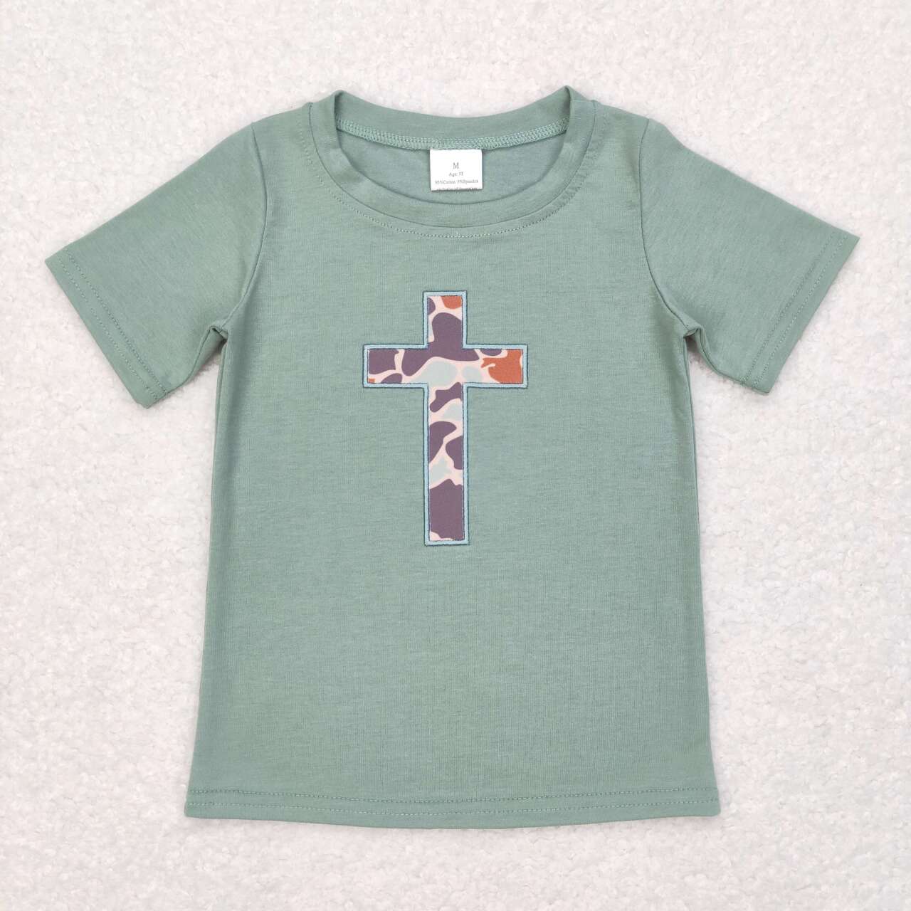 BT0443 Easter Green cross Embroidery Boys Short Sleeve Top T-shirts