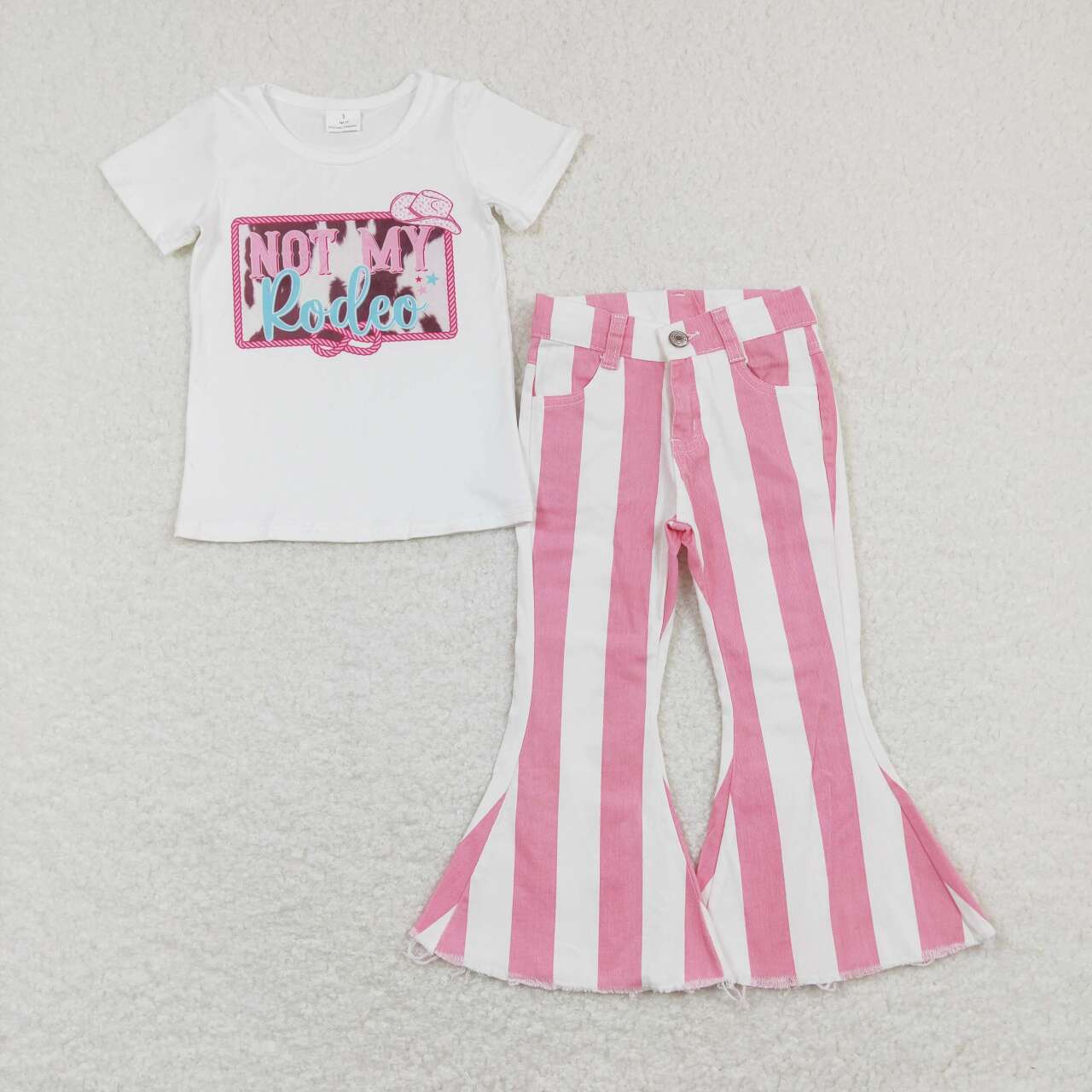 2Pcs pink western Denim Girls Short Sleeve Bell Bottom Pants Outfits