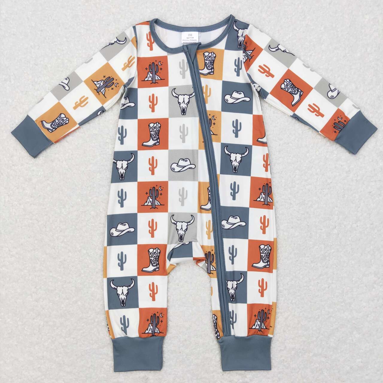 LR0803 Blue Plaid Cactus Cowboy western Zipper Girls Long Sleeve Romper
