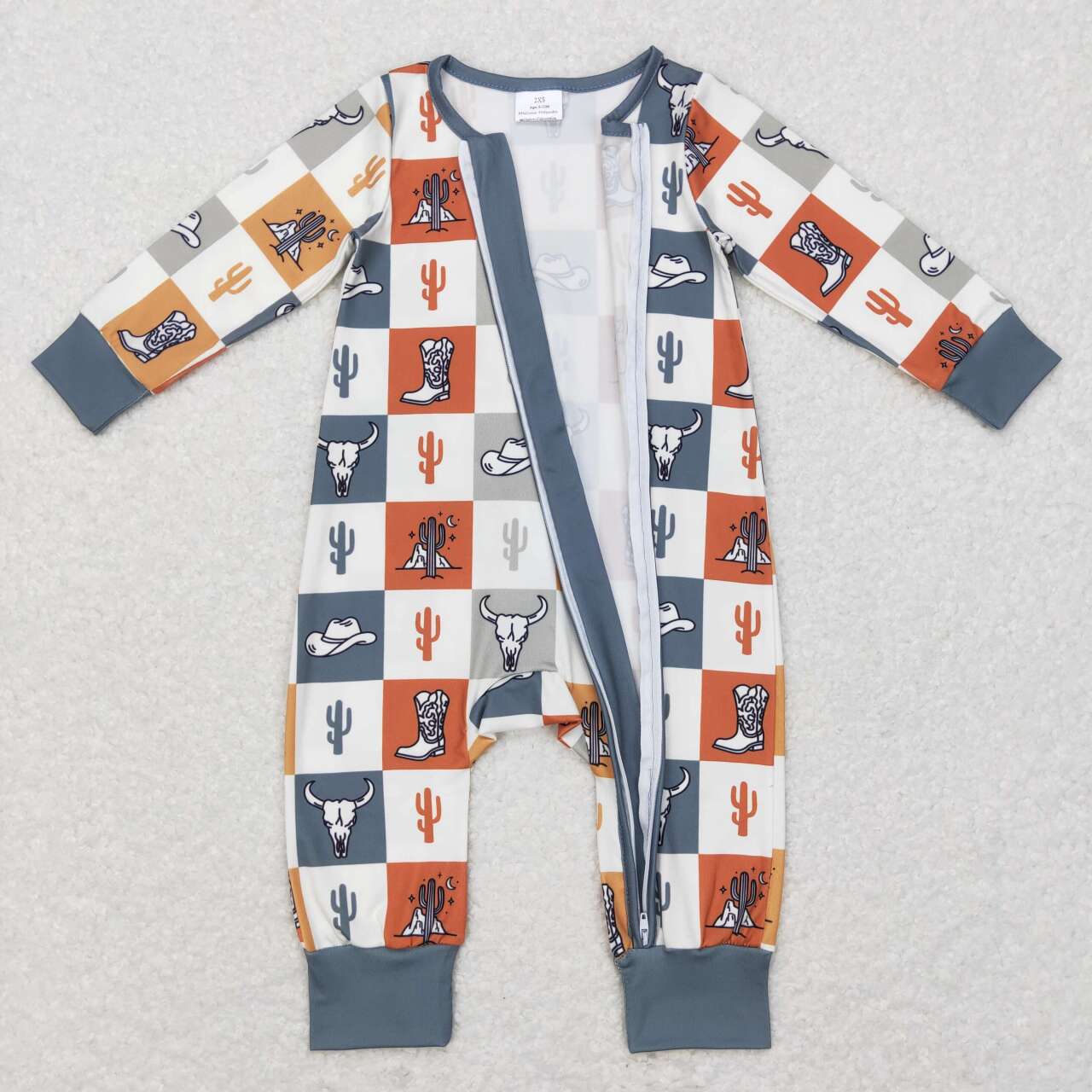 LR0803 Blue Plaid Cactus Cowboy western Zipper Girls Long Sleeve Romper