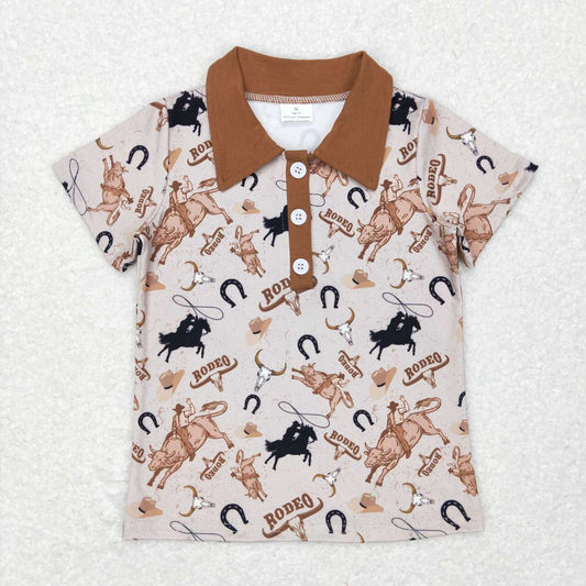 BT0429 Brown cowboy western cow Boys Short Sleeve Top Collar T-Shirts