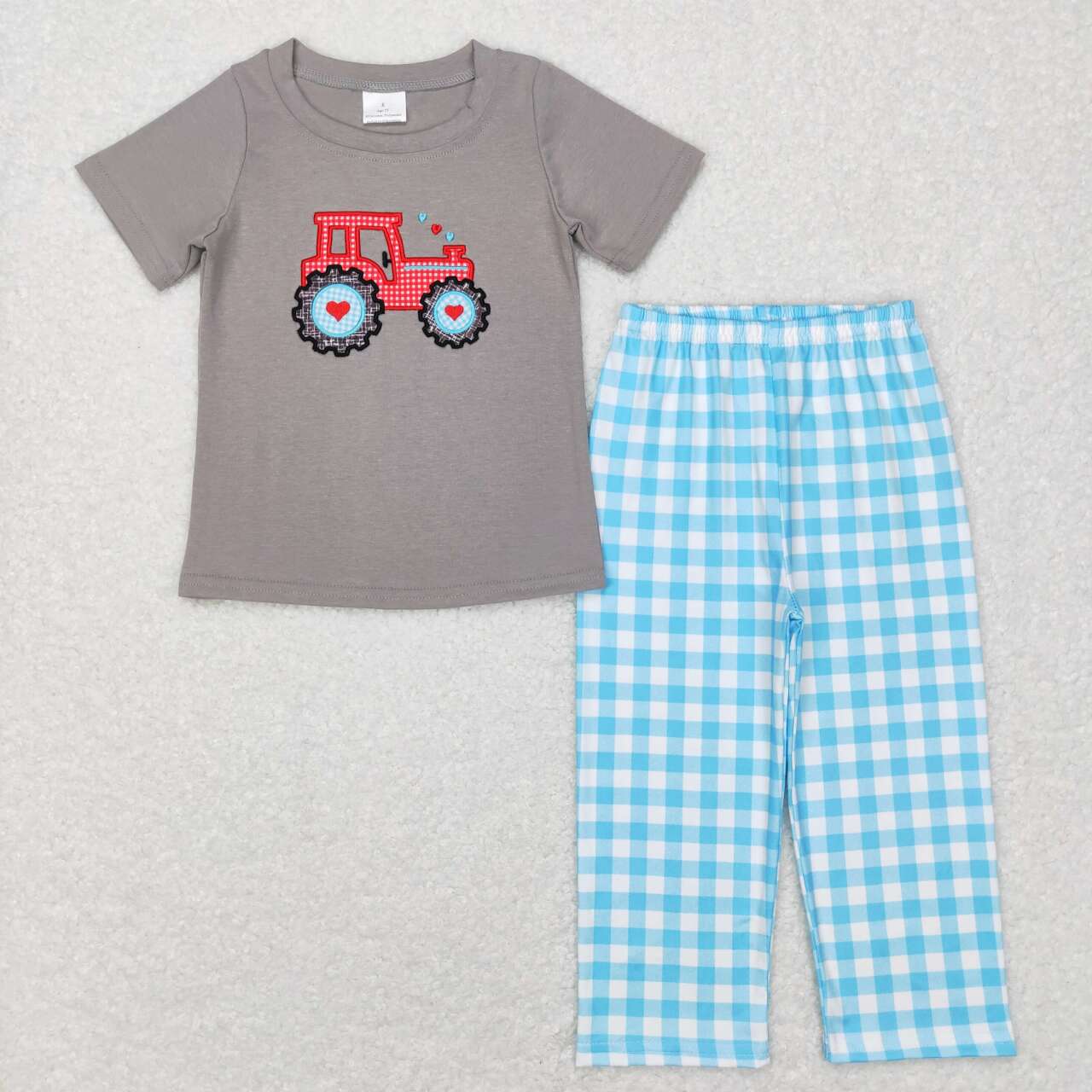 BSPO0193 Valentine Love Blue Truck Embroidery Girls Short Sleeve Bell Bottom Pants Outfits