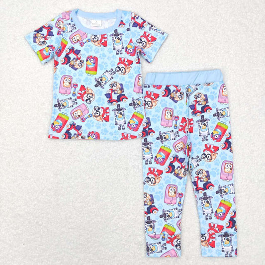 BSPO0249 Pink Blue Dog Cartoon Boys Short Sleeve Pants Outfits