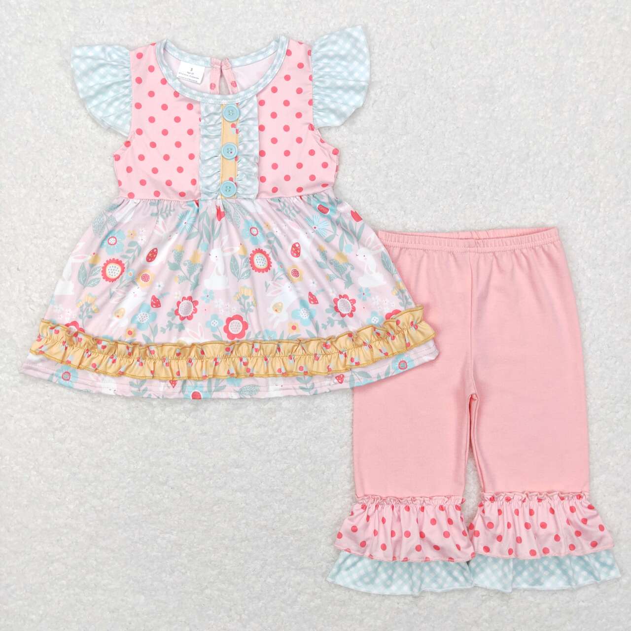 GSPO0912 Easter Pink Rabbit Girls Short Sleeve Bell Bottom Pants Outfits
