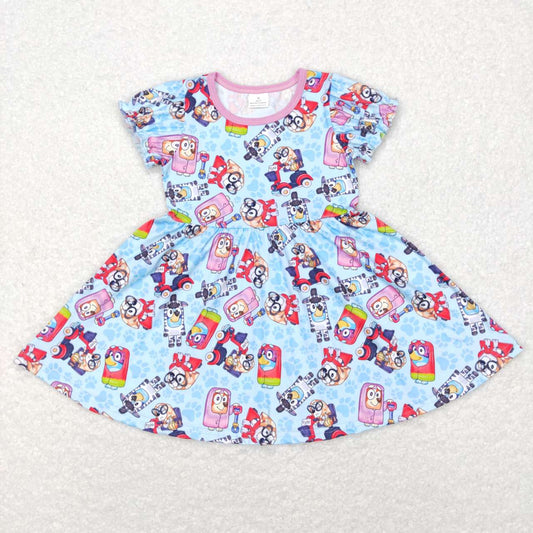 GSD0575 Pink Blue Dog Cartoon Girls Flutter Sleeve Dresses