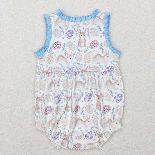 SR0507 blue Easter Rabbit   Girls Short Sleeve Romper
