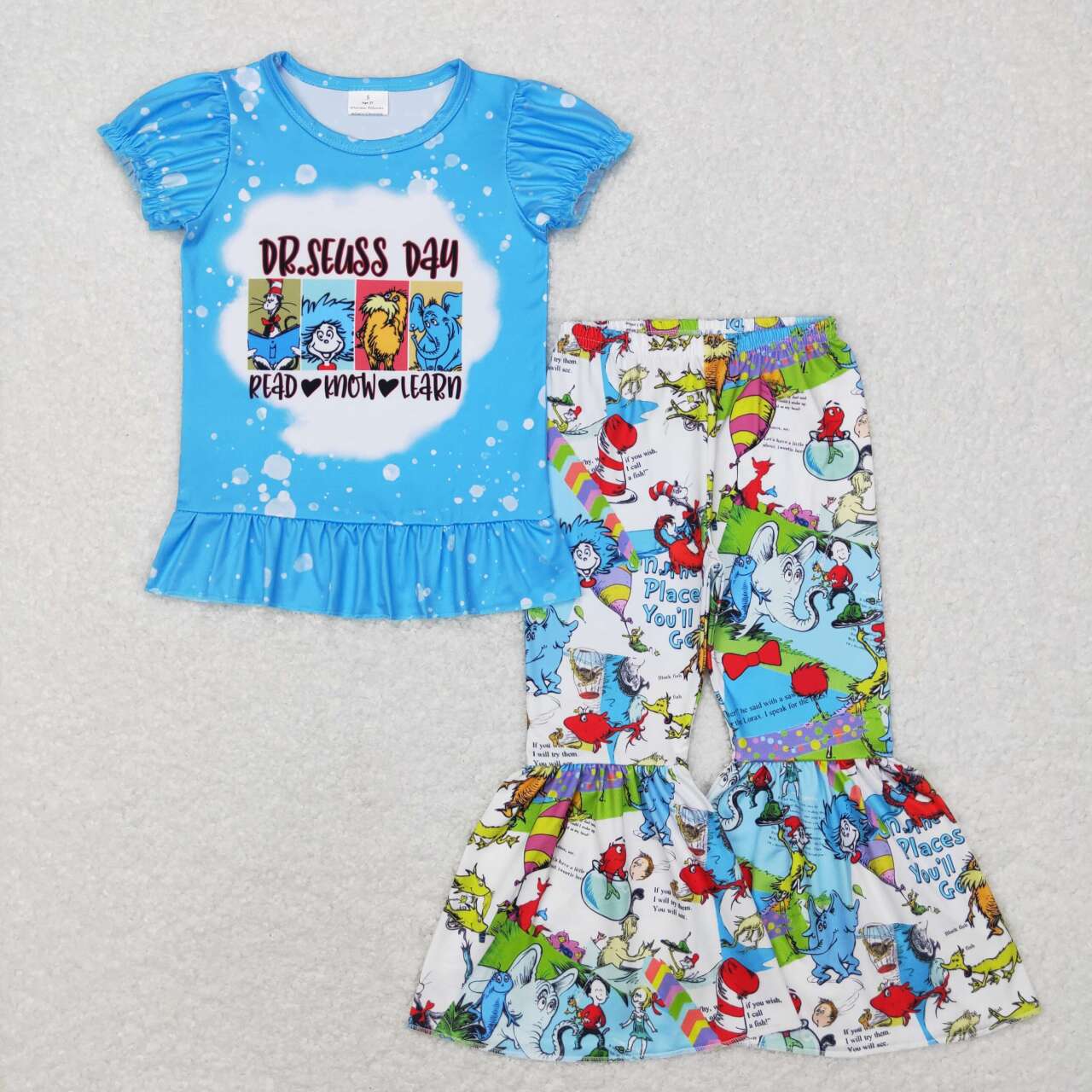 GSPO1099 Christmas blue Dr cartoon cat hat red know learn Girls Short Sleeve Pants Outfits