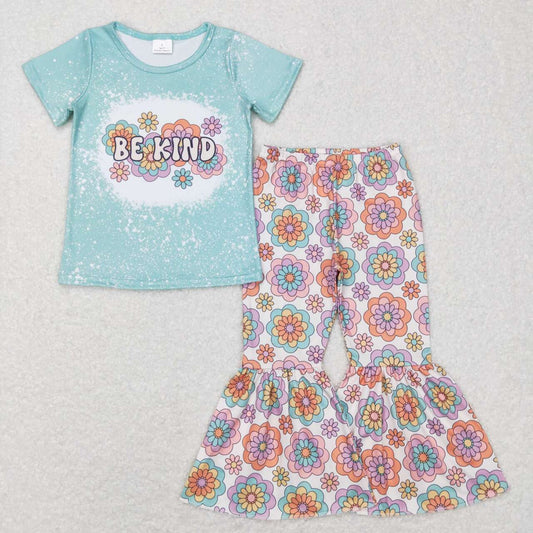 GSPO1091 Be kind blue floral Girls Short Sleeve Pants Outfits