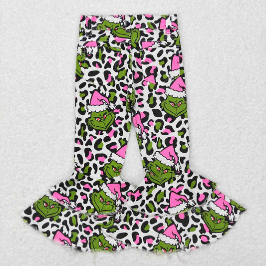 P0318 Christmas Green pink leopard cartoon Girls Denim Jeans Double Ruffles