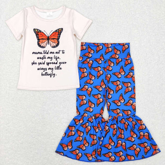 GSPO0954 Blue Butterfly Girls Short Sleeve Bell Bottom Pants Outfits