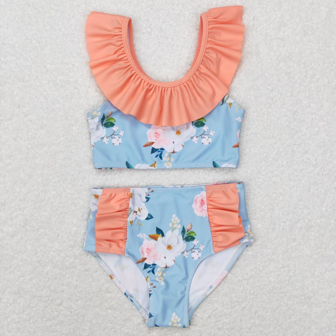 S0179 Pink blue Floral Girls Swimming Bathing Suits Swimsuits