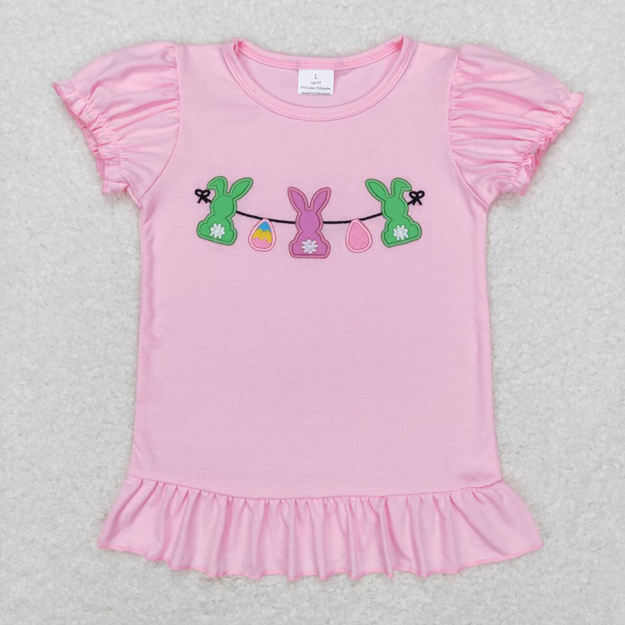 GT0391 Easter Rabbit Pink Embroidery Girls Long Sleeve Top T-shirts