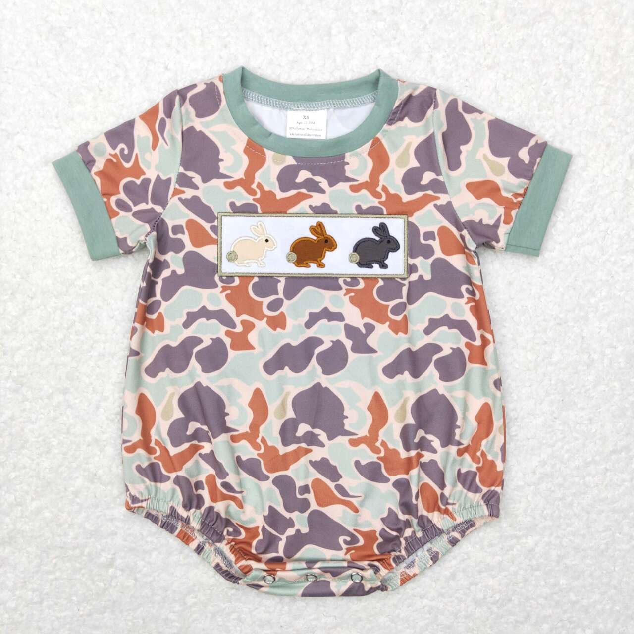 SR0508 Easter Green Rabbit Camo Embroidery Girls Short Sleeve Romper