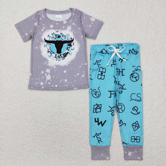 BSPO0224 Blue Highland Cow Boys Short Sleeve Bell Bottom Pants Outfits