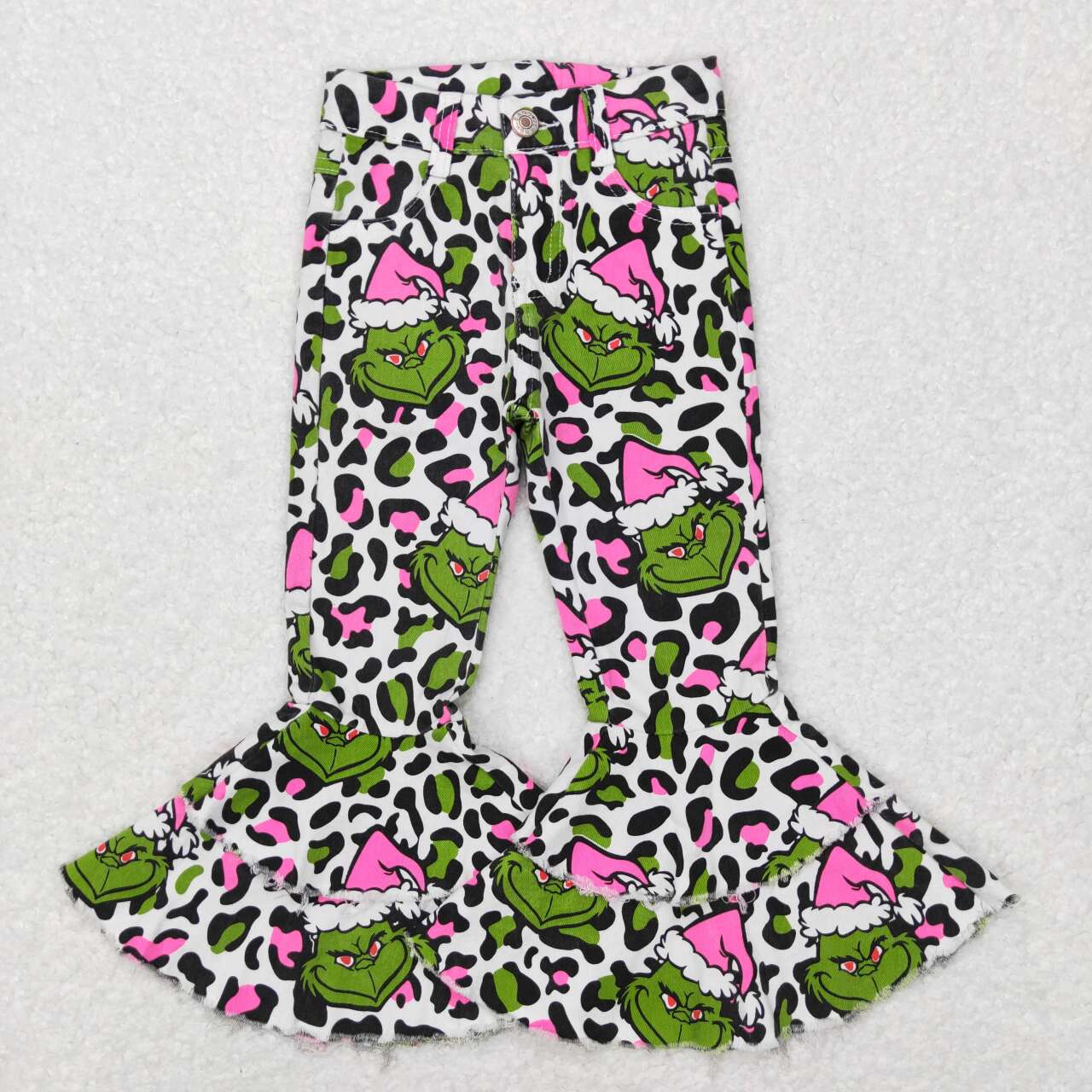 P0318 Christmas Green pink leopard cartoon Girls Denim Jeans Double Ruffles
