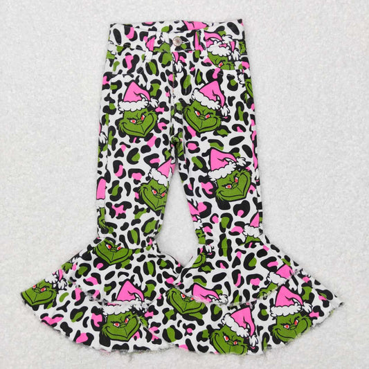 P0318 Christmas Green pink leopard cartoon Girls Denim Jeans Double Ruffles