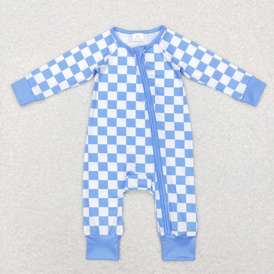 LR0811 Blue Plaid Zipper Girls Long Sleeve Romper