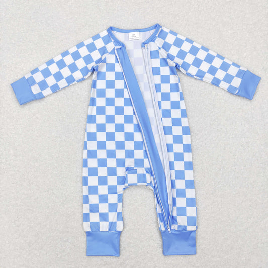 LR0811 Blue Plaid Zipper Girls Long Sleeve Romper